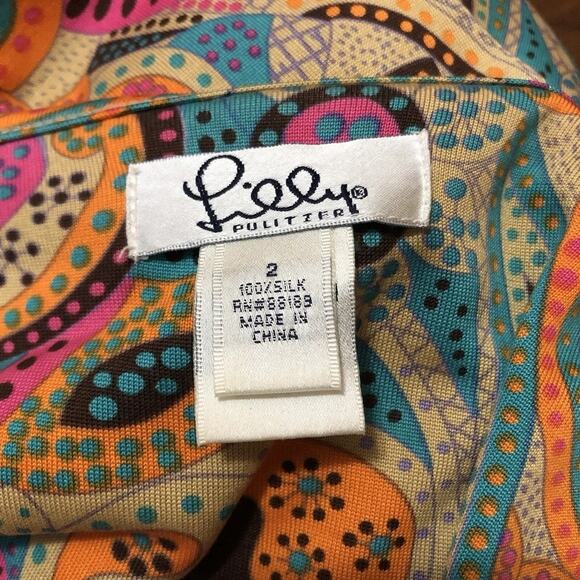 VTG Lilly Pulitzer‎ Size 2 Orange Blue Pink Paisley Silk V-neck Tie Back Dress - Picture 3 of 7